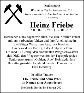Traueranzeige von Heinz Friebe von Mitteldeutsche Zeitung Sangerhausen