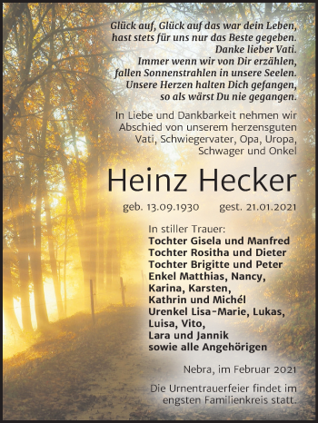 Traueranzeige von Heinz Hecker von Mitteldeutsche Zeitung Naumburg/Nebra