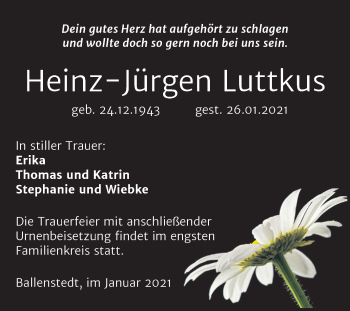 Traueranzeige von Heinz-Jürgen Luttkus von Super Sonntag Quedlinburg