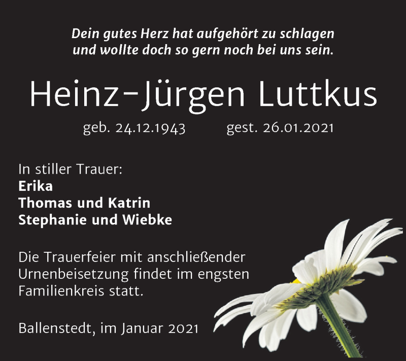  Traueranzeige für Heinz-Jürgen Luttkus vom 06.02.2021 aus Mitteldeutsche Zeitung Quedlinburg