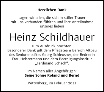 Traueranzeige von Heinz Schildhauer von Mitteldeutsche Zeitung Wittenberg
