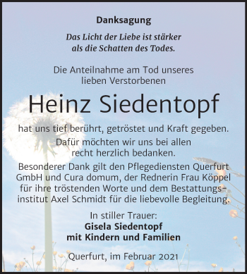 Traueranzeige von Heinz Siedentopf von Super Sonntag Merseburg/Querfurt
