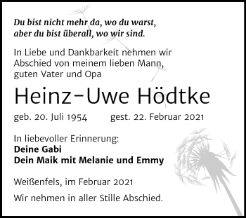 Traueranzeige von Heinz-Uwe Hödtke von Mitteldeutsche Zeitung Weißenfels