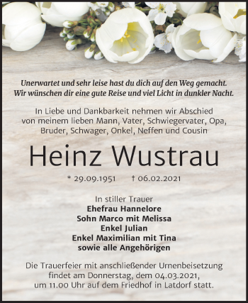 Traueranzeige von Heinz Wustrau von Mitteldeutsche Zeitung Bernburg
