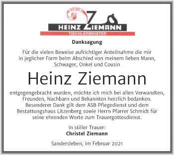 Traueranzeige von Heinz Ziemann von Super Sonntag Mansfelder Land