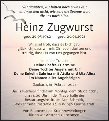 Traueranzeige von Heinz Zugwurst von Super Sonntag Naumburg/Nebra