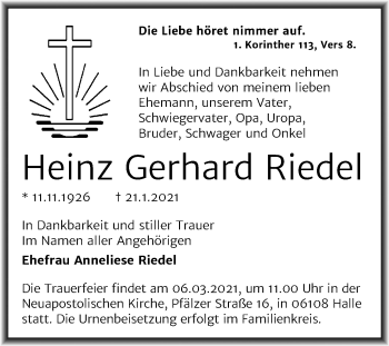 Traueranzeige von Heinz Gerhard Riedel von Mitteldeutsche Zeitung Halle/Saalkreis