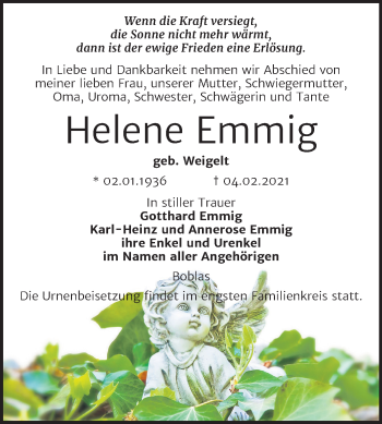 Traueranzeige von Helene Emmig von Mitteldeutsche Zeitung Naumburg/Nebra