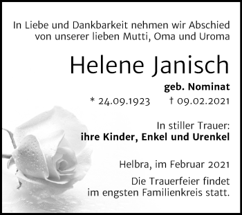 Traueranzeige von Helene Janisch von Mitteldeutsche Zeitung Mansfelder Land