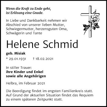Traueranzeige von Helene Schmid von Mitteldeutsche Zeitung Mansfelder Land