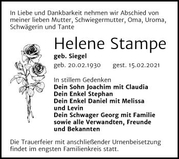 Traueranzeige von Helene Stampe von Super Sonntag Wittenberg