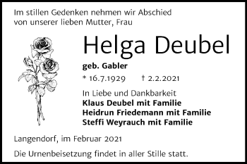Traueranzeige von Helga Deubel von Super Sonntag Weißenfels