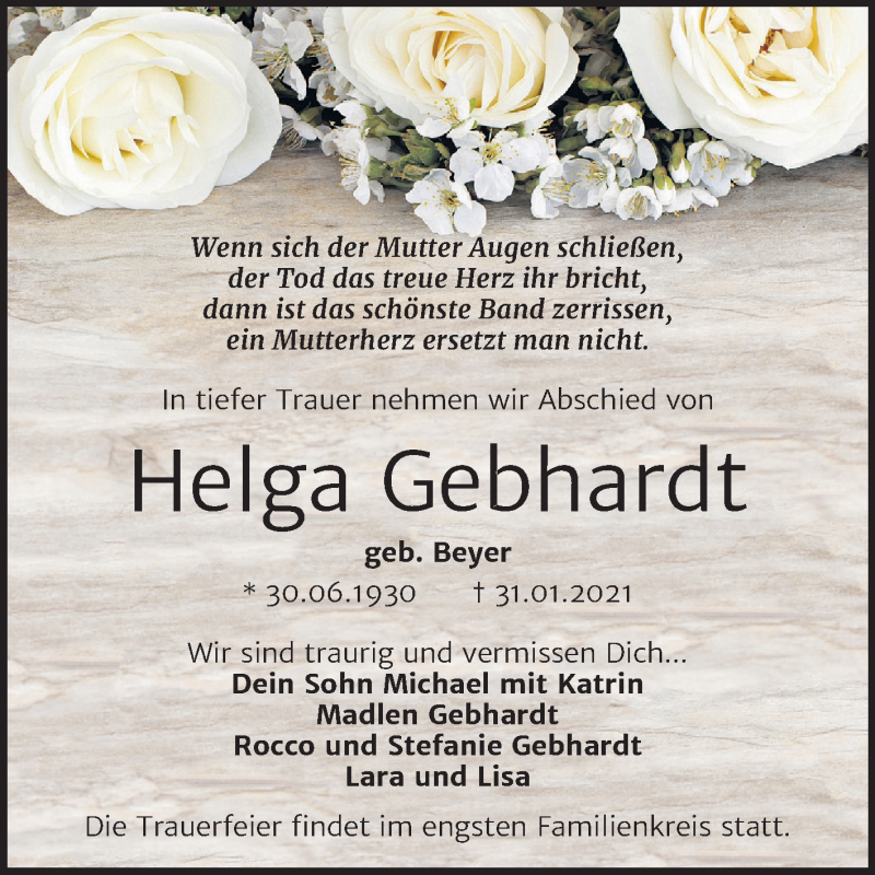 Traueranzeige für Helga Gebhardt vom 03.02.2021 aus Mitteldeutsche Zeitung Sangerhausen
