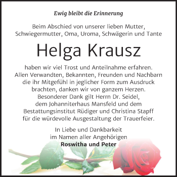 Traueranzeige von Helga Krausz von Mitteldeutsche Zeitung Mansfelder Land