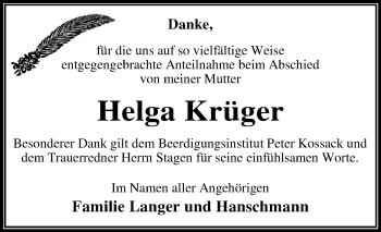 Traueranzeige von Helga Krüger von Super Sonntag Dessau-Roßlau