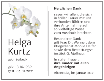 Traueranzeige von Helga Kurtz von Super Sonntag Naumburg/Nebra