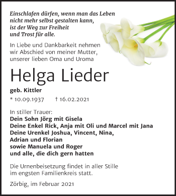 Traueranzeige von Helga Lieder von Mitteldeutsche Zeitung Bitterfeld