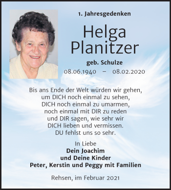 Traueranzeige von Helga Planitzer von Super Sonntag Wittenberg