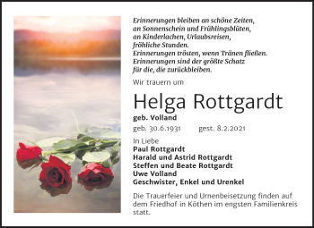 Traueranzeige von Helga Rottgardt von Mitteldeutsche Zeitung Köthen