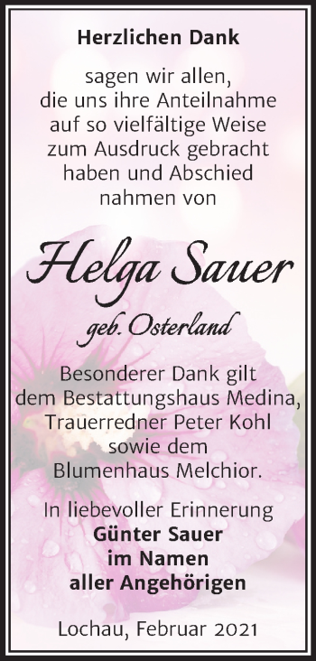Traueranzeige von Helga Sauer von Super Sonntag Merseburg/Querfurt