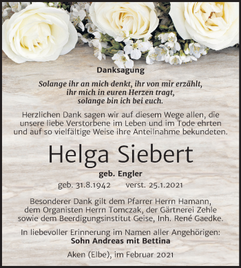 Traueranzeige von Helga Siebert von Super Sonntag Köthen