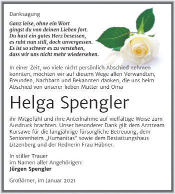 Traueranzeige von Helga Spengler von Super Sonntag Mansfelder Land
