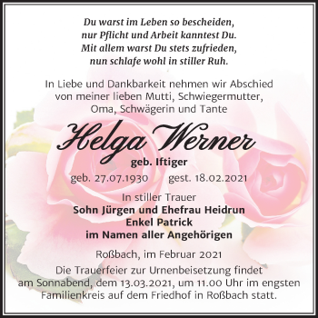 Traueranzeige von Helga Werner von Mitteldeutsche Zeitung Merseburg/Querfurt