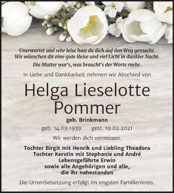 Traueranzeige von Helga Lieselotte Pommer von Super Sonntag Bernburg