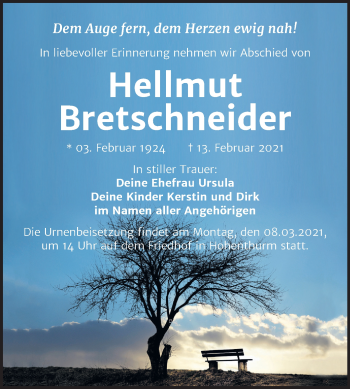 Traueranzeige von Hellmut Bretschneider von Mitteldeutsche Zeitung Halle/Saalkreis