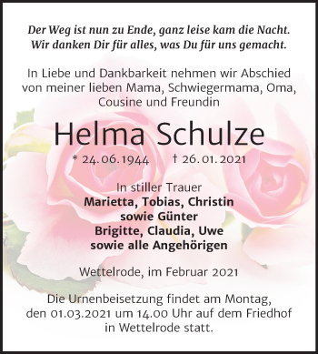 Traueranzeige von Helma Schulze von Mitteldeutsche Zeitung Sangerhausen