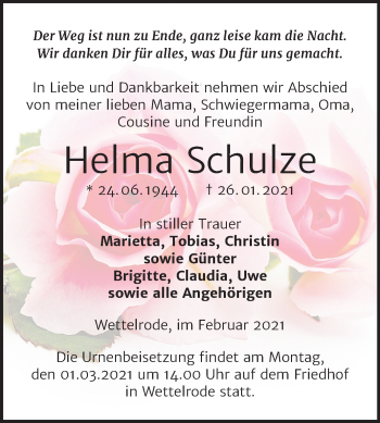 Traueranzeige von Helma Schulze von Super Sonntag Sangerhausen