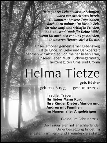 Traueranzeige von Helma Tietze von Super Sonntag Naumburg/Nebra
