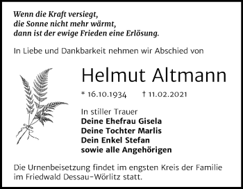 Traueranzeige von Helmut Altmann von Mitteldeutsche Zeitung Bitterfeld