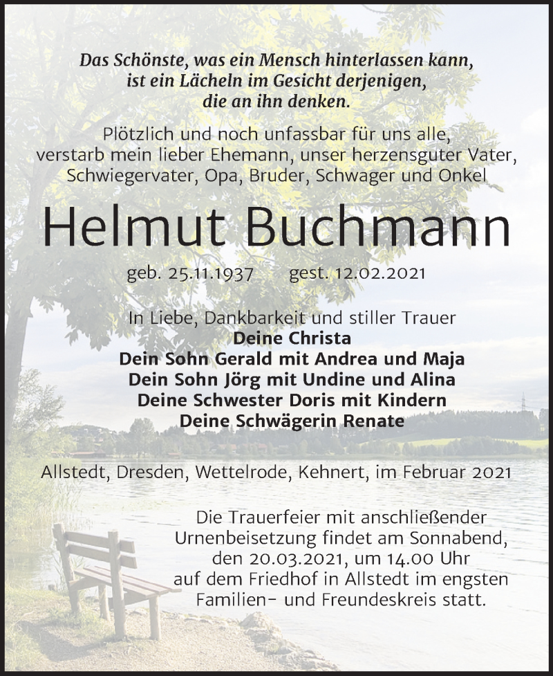  Traueranzeige für Helmut Buchmann vom 24.02.2021 aus Mitteldeutsche Zeitung Sangerhausen