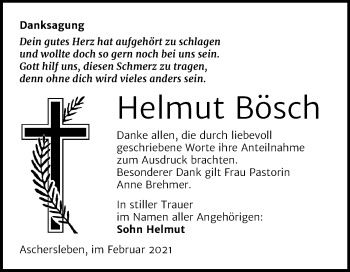 Traueranzeige von Helmut Bösch von Mitteldeutsche Zeitung Aschersleben