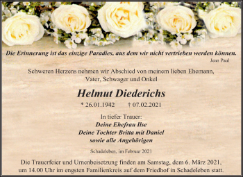 Traueranzeige von Helmut Diederichs von Mitteldeutsche Zeitung Aschersleben