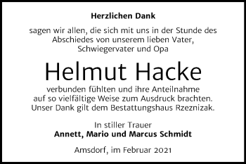 Traueranzeige von Helmut Hacke von Super Sonntag Mansfelder Land
