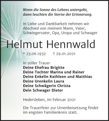 Traueranzeige von Helmut Hennwald von Mitteldeutsche Zeitung Mansfelder Land