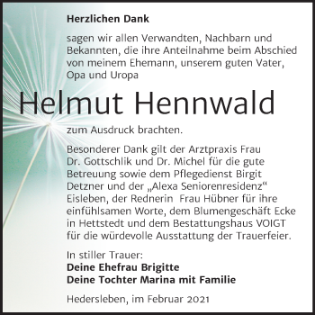 Traueranzeige von Helmut Hennwald von Super Sonntag Mansfelder Land