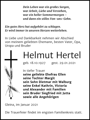 Traueranzeige von Helmut Hertel von Super Sonntag Zeitz