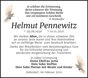 Traueranzeige von Helmut Pennewitz von Mitteldeutsche Zeitung Köthen