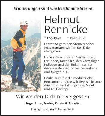 Traueranzeige von Helmut Rennicke von Mitteldeutsche Zeitung Quedlinburg
