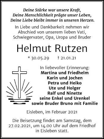 Traueranzeige von Helmut Rutzen von Super Sonntag Mansfelder Land