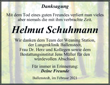 Traueranzeige von Helmut Schuhmann von Super Sonntag Quedlinburg