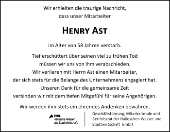 Traueranzeige von Henry Ast von Mitteldeutsche Zeitung Halle/Saalkreis