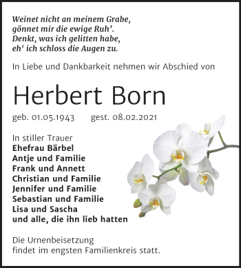 Traueranzeige von Herbert Born von Super Sonntag Bernburg