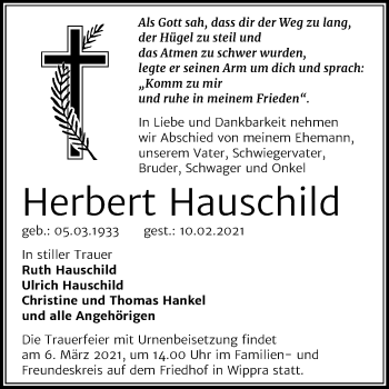 Traueranzeige von Herbert Hauschild von Mitteldeutsche Zeitung Mansfelder Land / Sangerhausen