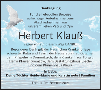Traueranzeige von Herbert Klauß von Super Sonntag Wittenberg