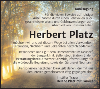 Traueranzeige von Herbert Platz von Super Sonntag Quedlinburg
