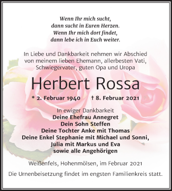 Traueranzeige von Herbert Rossa von Super Sonntag Weißenfels